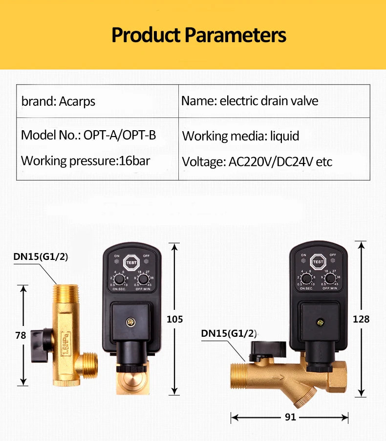 1/2' Electric Drain Valve Brass With Timer for Water 220V 110V 24V 16Bar Electronic Drainage Valve