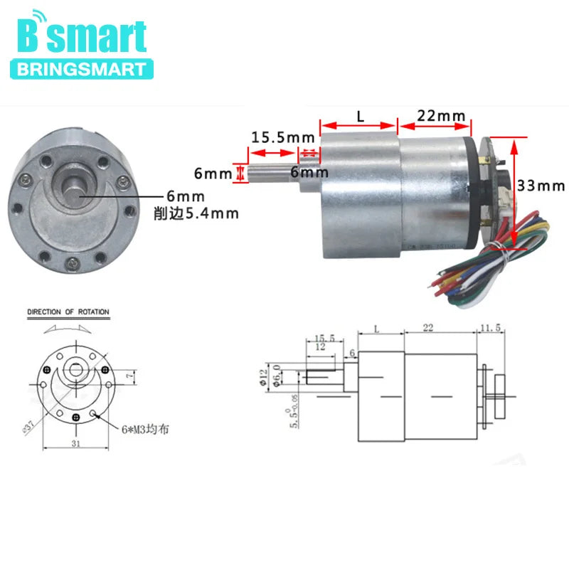 Bringsmart JGB37-520B Encoder Gear Motor DC 12 volt Encoder Disk A/B Phase Output Micro Electric Intelligent Parts Customized