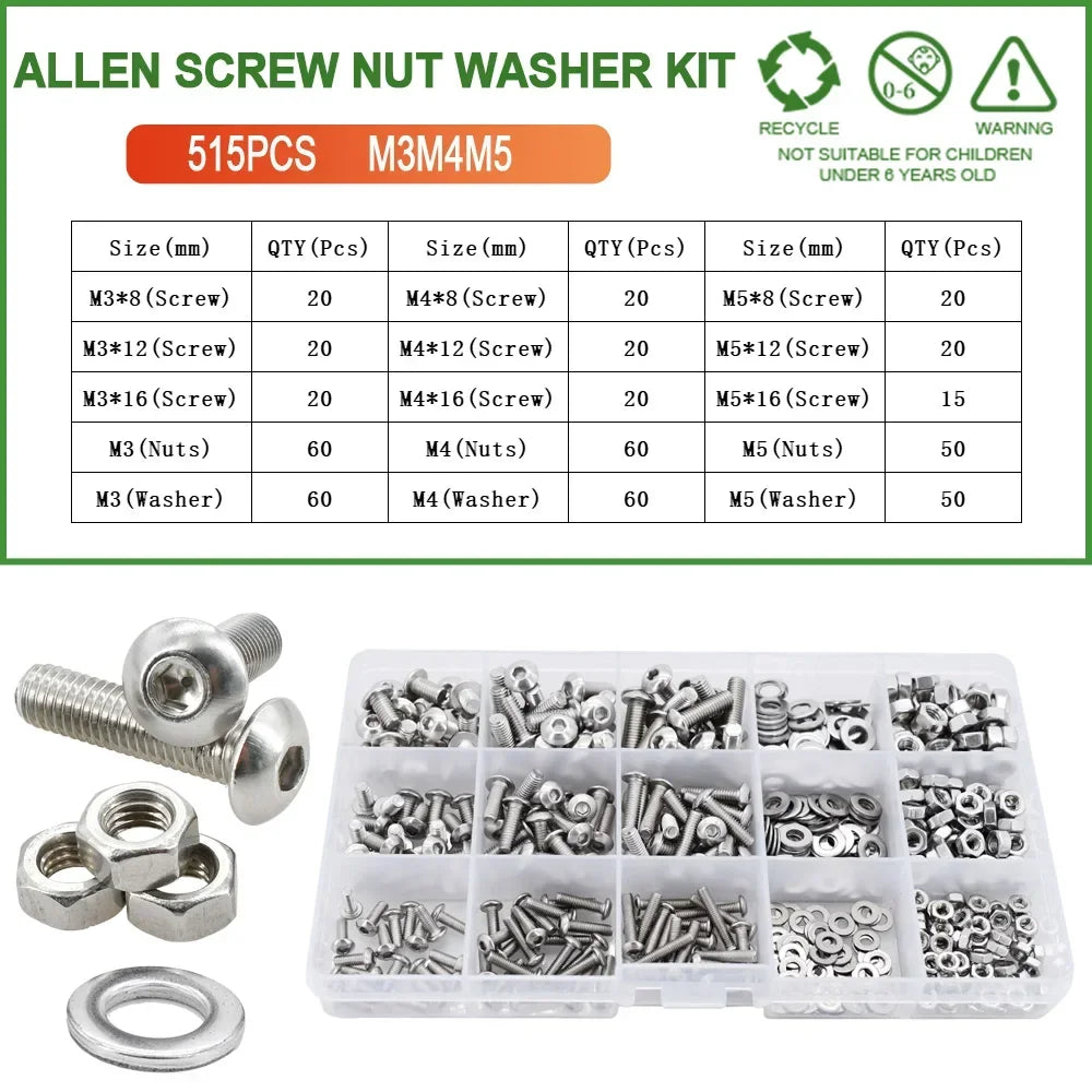 M2 M3 M4 M5 M6 304 Stainless Steel Allen Screw Nut Washer Kit Hex Socket Bolts Gaskets Set Hexagonal Machine Screws Assortment