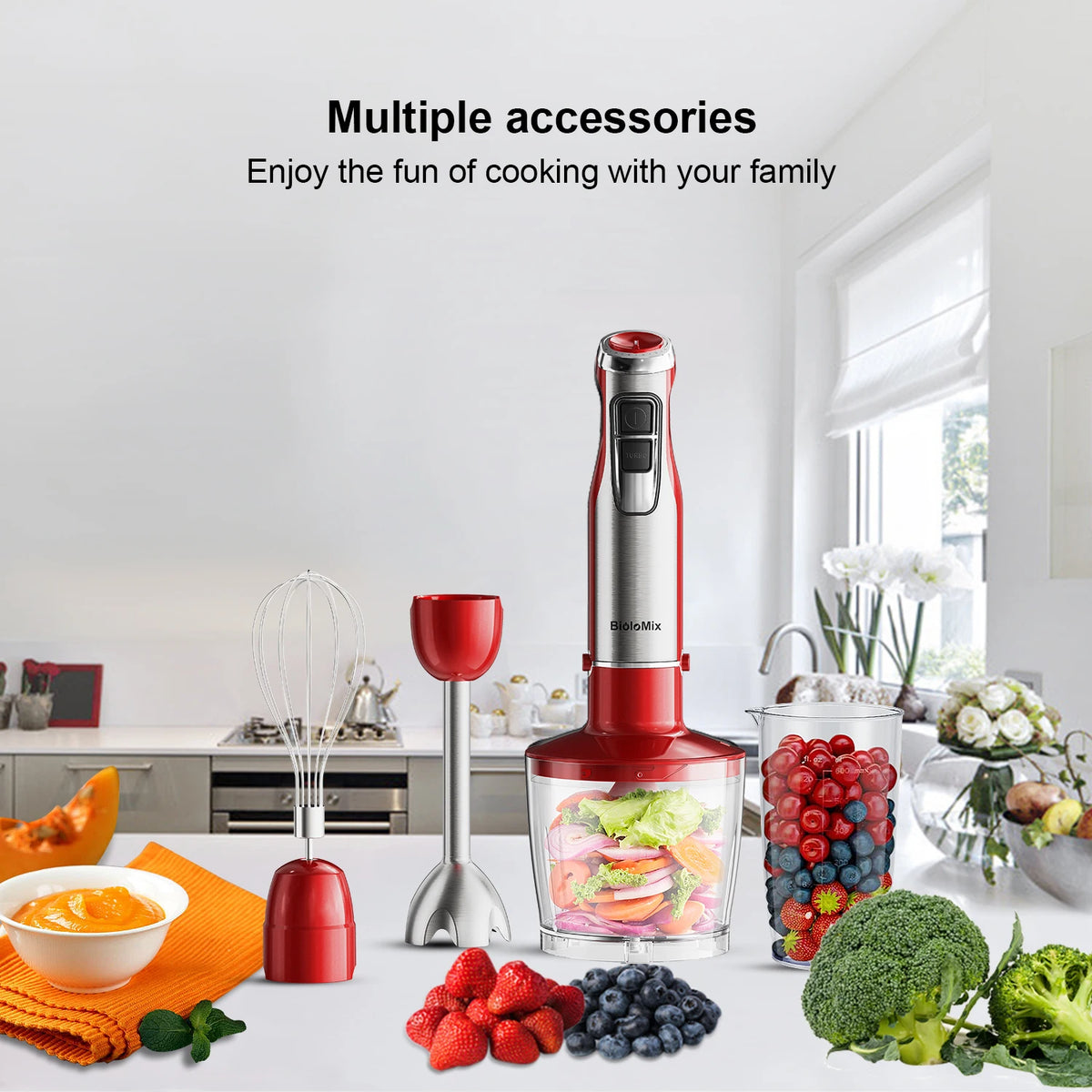BioloMix 4-in-1 Hand Stick Blender 1200W Stainless Steel Immersion Mixer Chopper Smoothie Cup Ice Blades for Baby Food