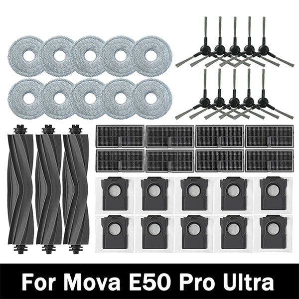 Compatible with Mova E50 Pro Ultra Vacuum Cleaner Replacement Accessories Main Side Brush HEPA Filter Mop Cloths Dust Bag Spare