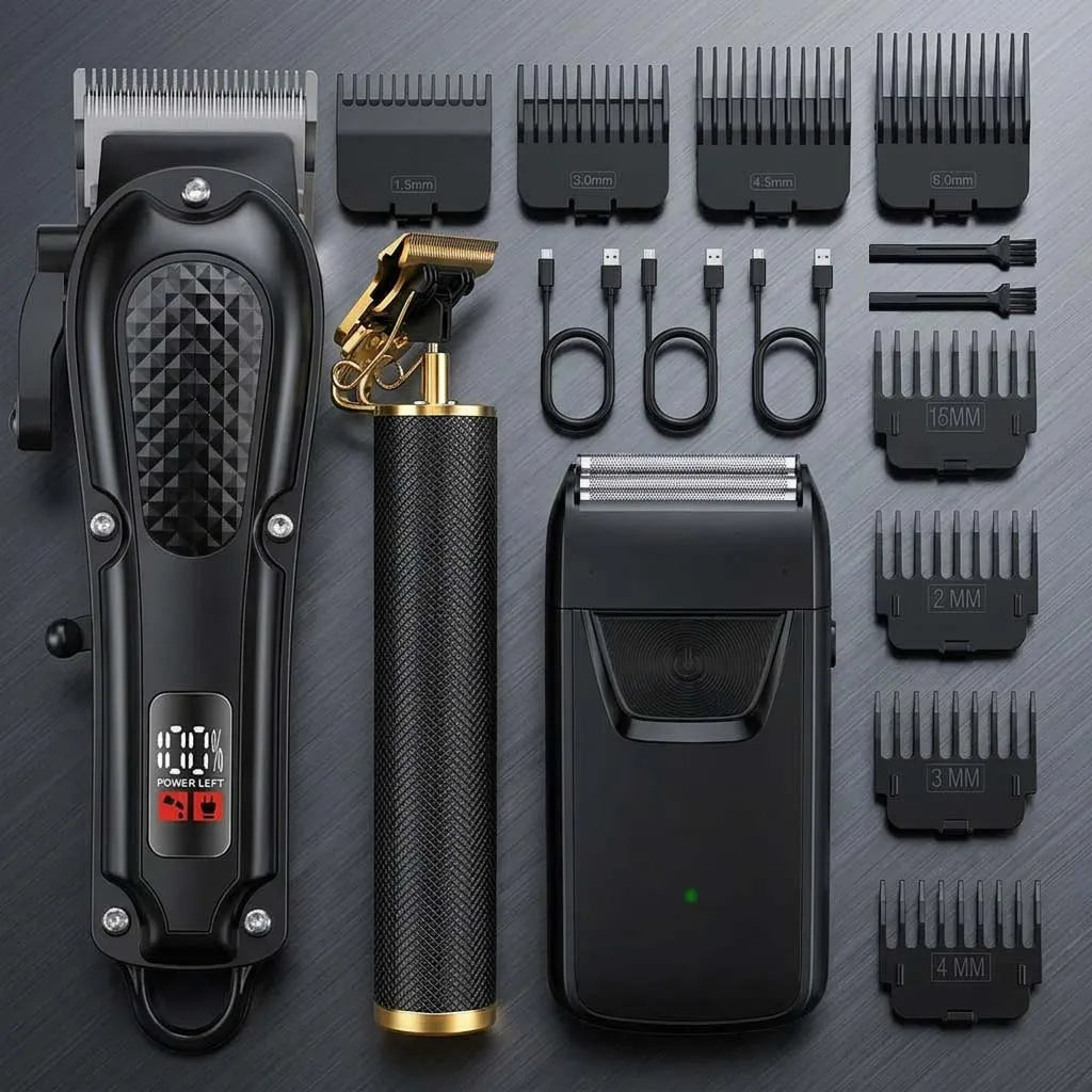 Professional 4-in-1 Hair Clipper & Trimmer Set for Men – Cordless Grooming Kit with LCD Display, USB Rechargeable, Includes Beard Trimmer,Electric Shaver, Nose Hair Trimmer & Multiple Guide Combs – Perfect for Home & Barber Use