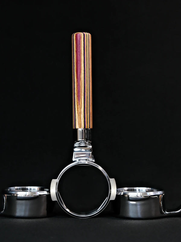 Mischief 58mm Bottomless Portafilter | Rainbow Skateboard Wood Handle | 316 Stainless Steel | Espresso Coffee Machine Accessory