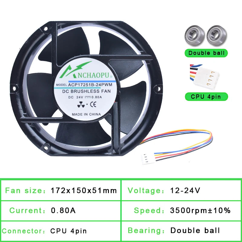 ACP17251B-24PWM Aluminum Outer Frame Plastic Blade Cooling Fan High Air Volume DC24V 0.80A 172x150x51mm for Medical Atomizer