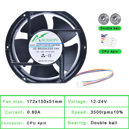 ACP17251B-24PWM Aluminum Outer Frame Plastic Blade Cooling Fan High Air Volume DC24V 0.80A 172x150x51mm for Medical Atomizer