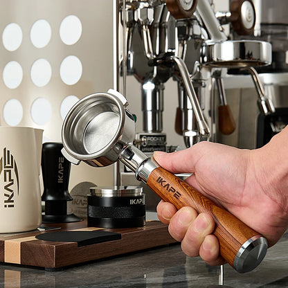 IKAPE Bottomless Portafilter for Delonghi/Barsetto/Berivlle/Lamarzocco/Welhome/Flair58/ECM/Lelit/wega Wooden Handle 51/54/58mm