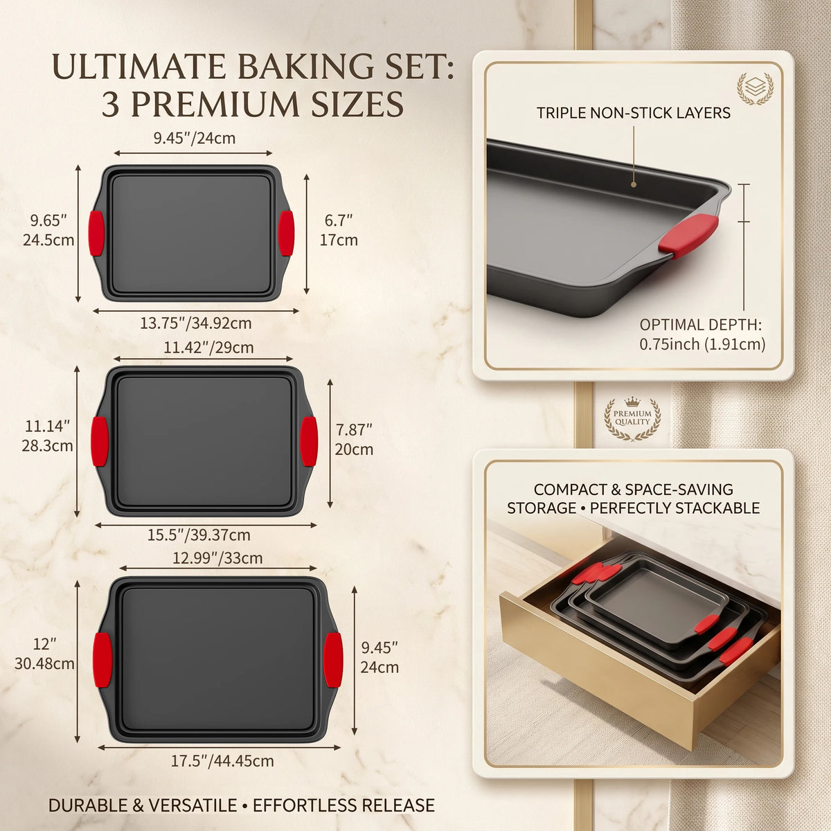 3pcs Carbon Steel NonStick Baking Pan Set. Luxury Stylish Design with Red Silicone Handles. Nonstick Steel Bakeware, Restaurantgrade Rimmed Baking Sheets. Easytoclean Trays, Ideal for Cookies, Pizza, Cakes & Home Kitchen Baking.