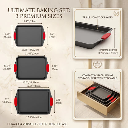 3pcs Carbon Steel NonStick Baking Pan Set. Luxury Stylish Design with Red Silicone Handles. Nonstick Steel Bakeware, Restaurantgrade Rimmed Baking Sheets. Easytoclean Trays, Ideal for Cookies, Pizza, Cakes & Home Kitchen Baking.