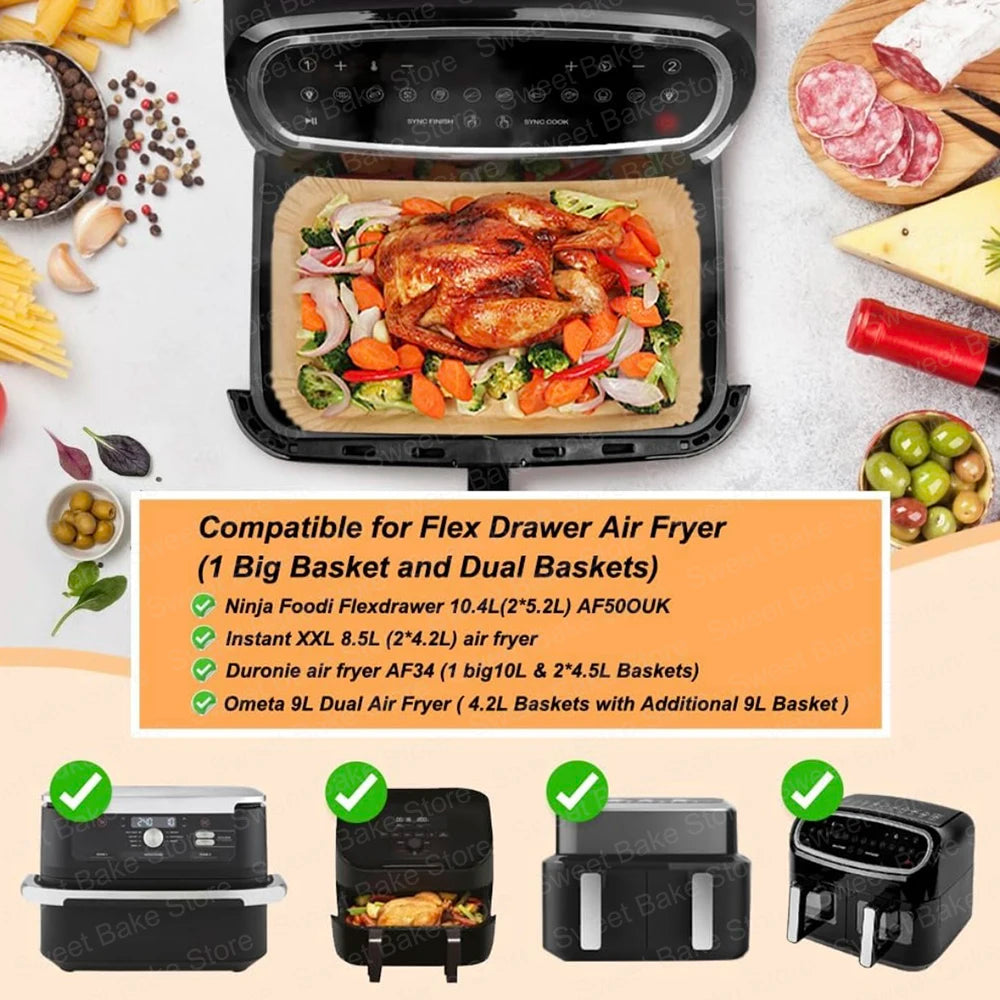 Large Air Fryer Disposable Baking Paper Liners for Ninja Foodi FlexDrawer Air Fryer 10.4L AF500EU/AF500EUCP, Cecotec 9000 9L