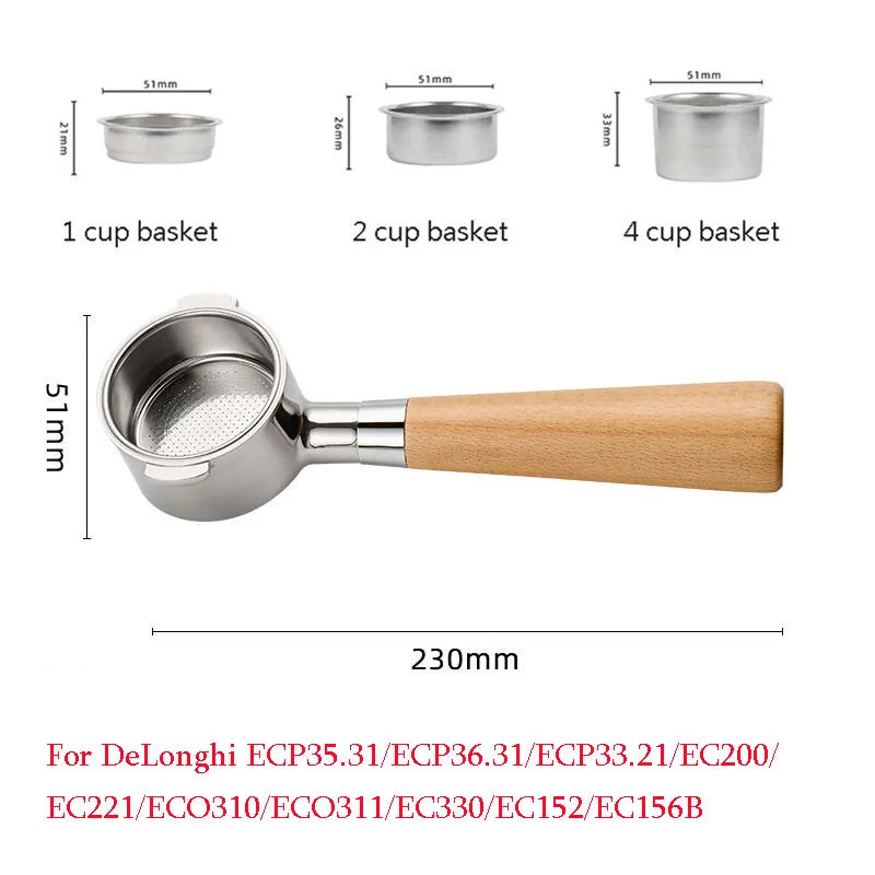 51mm Coffee Basket Delong ECO310 Mmodified Solid Wood Handle Two Ears Stainless Steel Bottomless Portafilter Barista Accessories