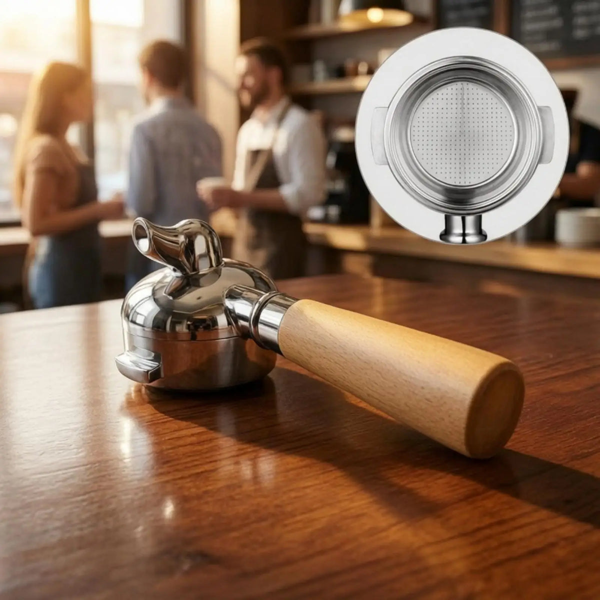58mm Espresso Portafilter Handle with Basket Stainless Steel Wood Grip for E61 Group Head Coffee Maker