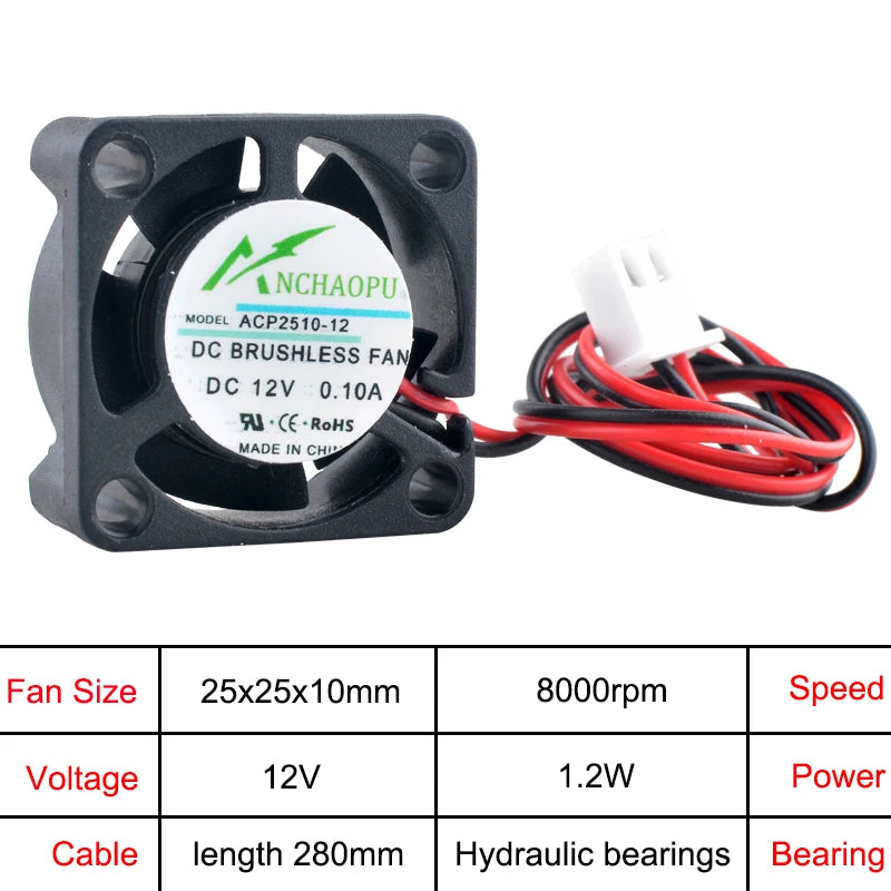 ANCHAOPU 2.5cm 25mm Fan 25x25x10mm DC5V/12V/24V 2pin Micro Axial Flow Fan Cooling Fan for Projectors/Raspberry Pi/Atomizers