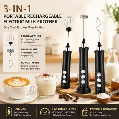 USB Rechargeable Milk Frother Mini Handheld Electric Foam Maker 3 Speed Stainless Steel Whisks for Latte Coffee Cappuccino Hot Chocolate Egg Beater Drink Mixer Blender Kitchen Gadgets Tools Portable Cordless
