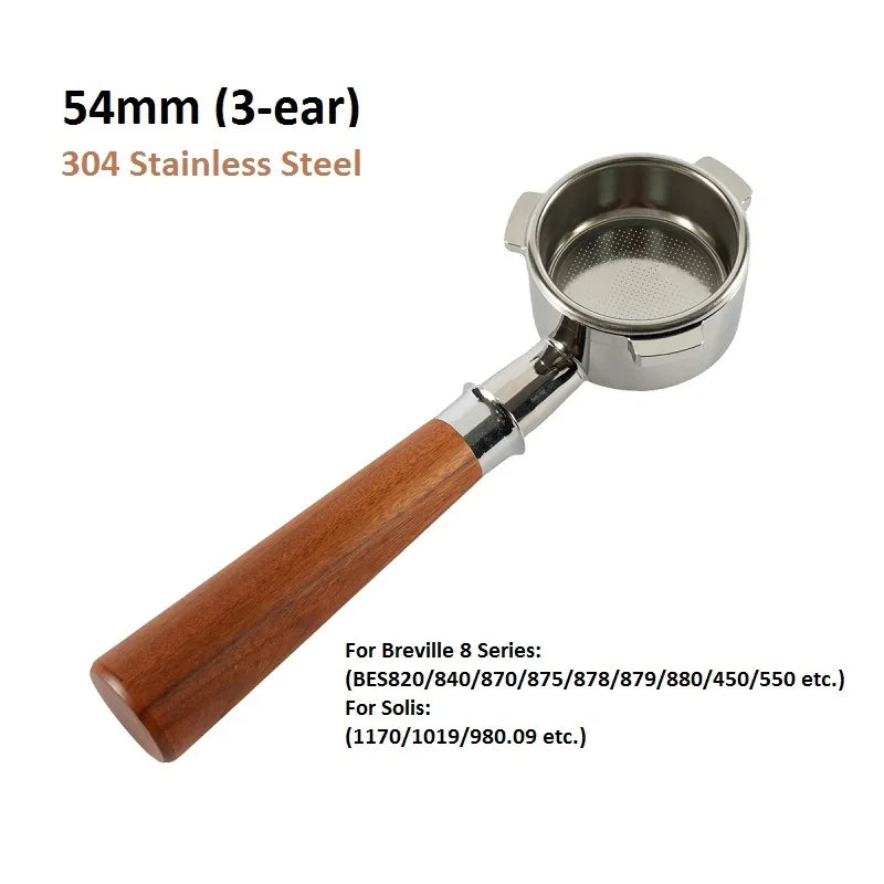 54mm 3-Ear Coffee Portafilter, 304 Stainless Steel Luxury Wooden Handle Espresso Holder Compatible with Breville 820 880 Series & Solis