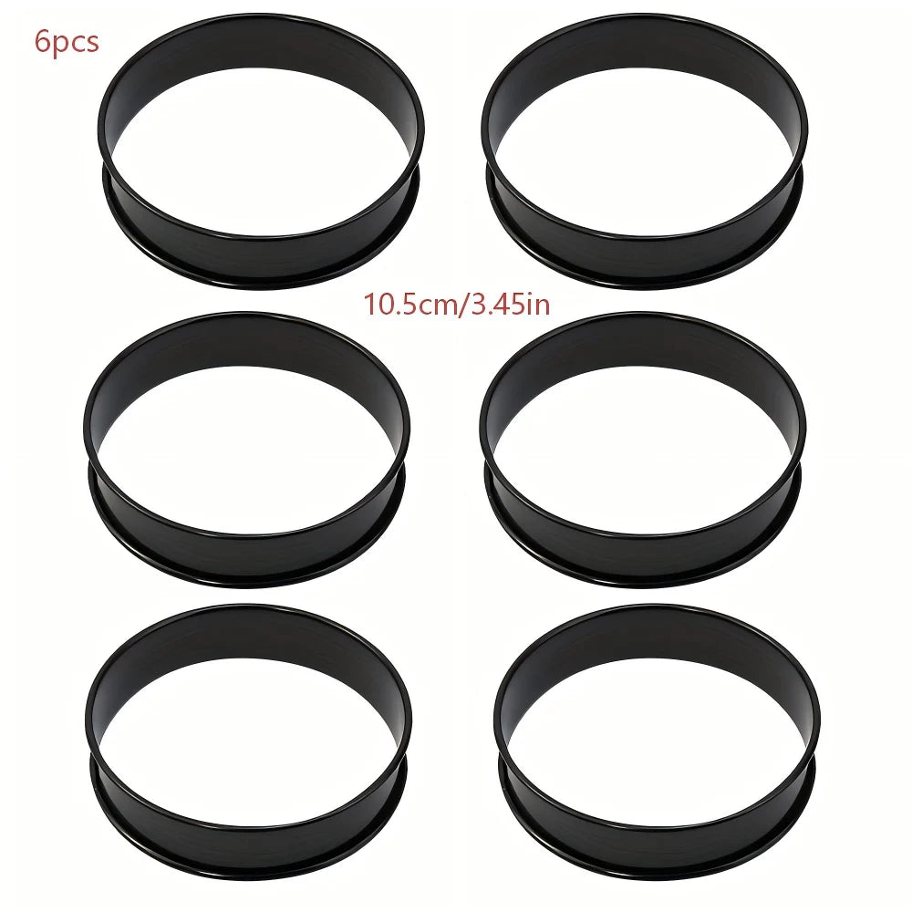 6PCS Tart Crumpet Muffin Ring Set Stainless Steel Nonstick Black Double-Rolled for Pancake Pastry Omelet Home Baking