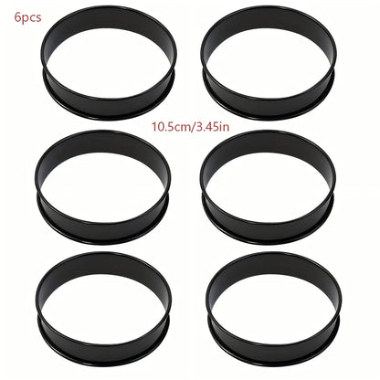 6PCS Tart Crumpet Muffin Ring Set Stainless Steel Nonstick Black Double-Rolled for Pancake Pastry Omelet Home Baking