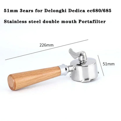 51mm 3 Ears Coffee Portafilter for Delonghi Dedica Ec680/685 Coffee Machine Stainless Steel Double Spout Coffee Handle Utensil