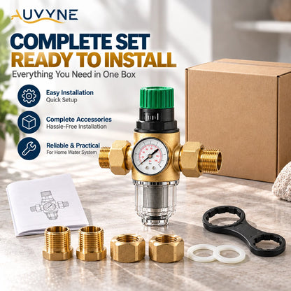 AUVYNE 2-in-1 Adjustable Brass Water Pressure Reducing Valve with Gauge and Sediment Filter for Home Plumbing