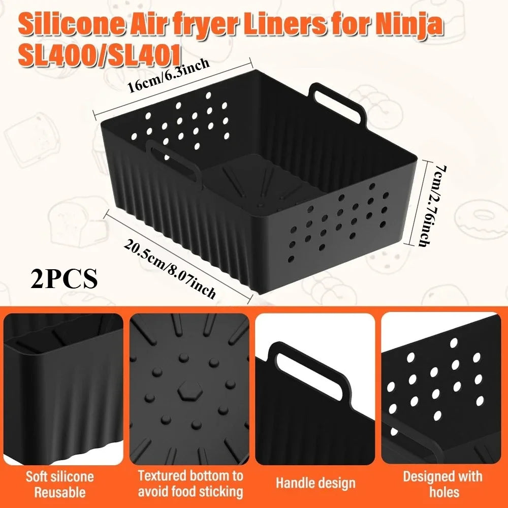 2PCS Air Fryer Silicone Liners Silicone ReusableVentilated Design Homemade Roast Chicken Fries Bread for Ninja SL401/SL400 Tools