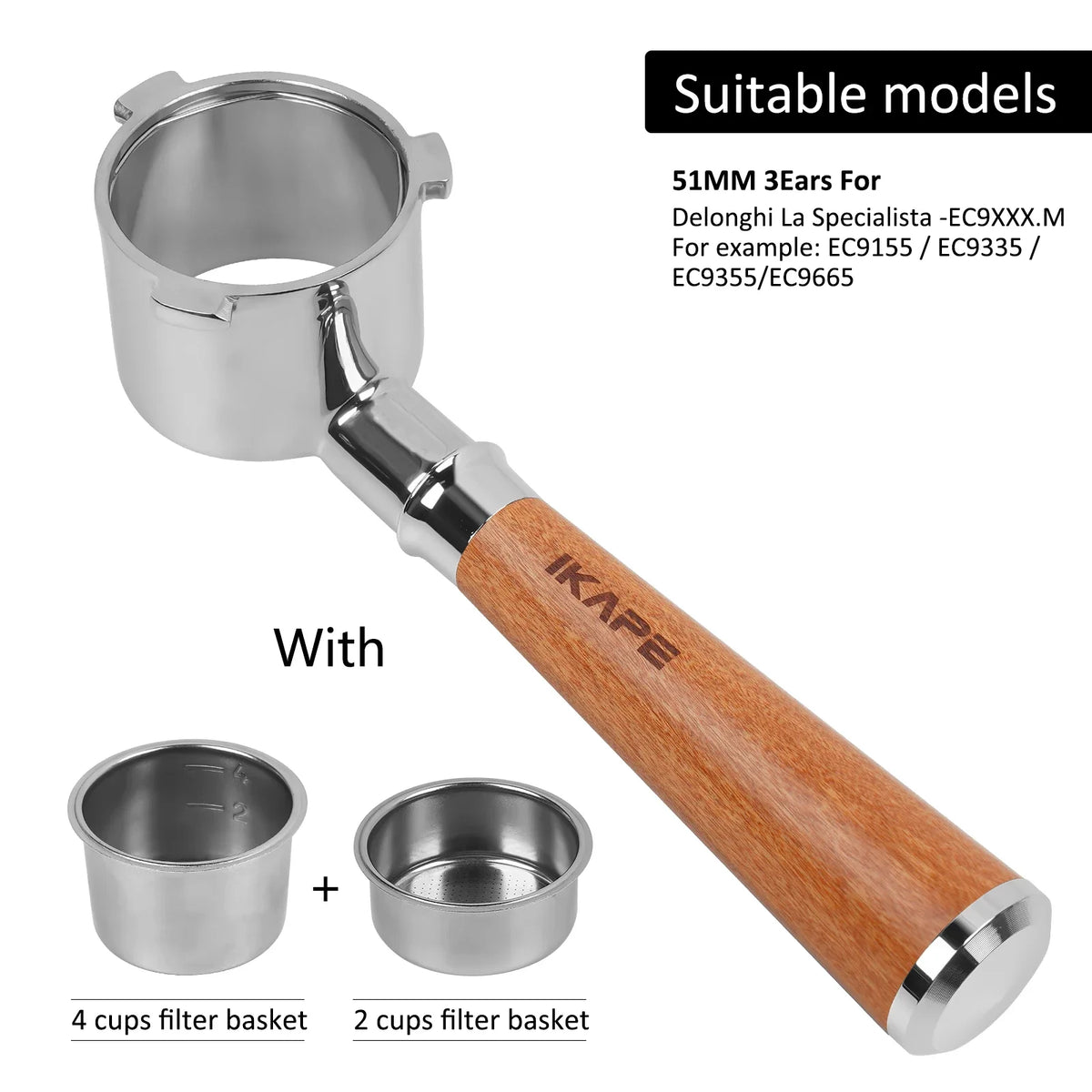 IKAPE Bottomless Portafilter for Delonghi/Barsetto/Berivlle/Lamarzocco/Welhome/Flair58/ECM/Lelit/wega Wooden Handle 51/54/58mm