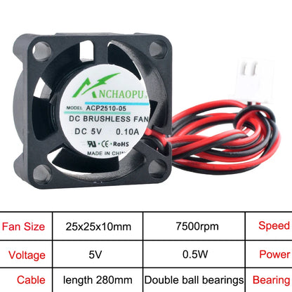 ANCHAOPU 2.5cm 25mm Fan 25x25x10mm DC5V/12V/24V 2pin Micro Axial Flow Fan Cooling Fan for Projectors/Raspberry Pi/Atomizers