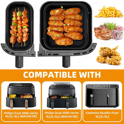 2Pcs Silicone Air Fryer Liners for Philips Dual Basket 3000 6L/3L Series NA350/00 Reusable Mold for Philips Airfryer 5000 Series