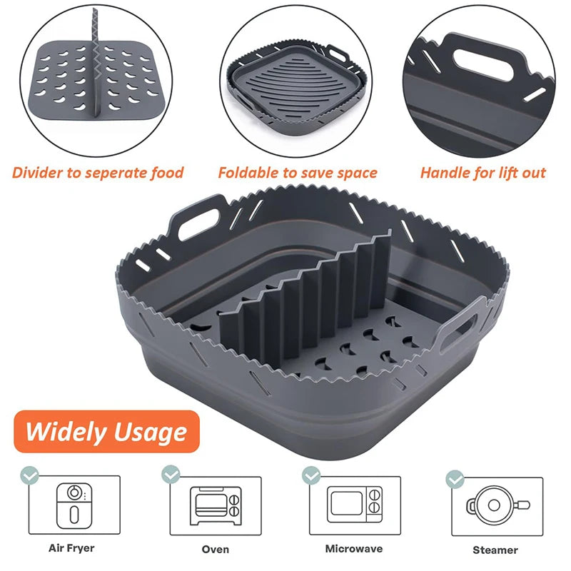Square Air Fryer Silicone Basket Pot Reusable Foldable AirFryer Mold Liners Bpa Free Oven Baking Tray Mat Kitchen Accessories