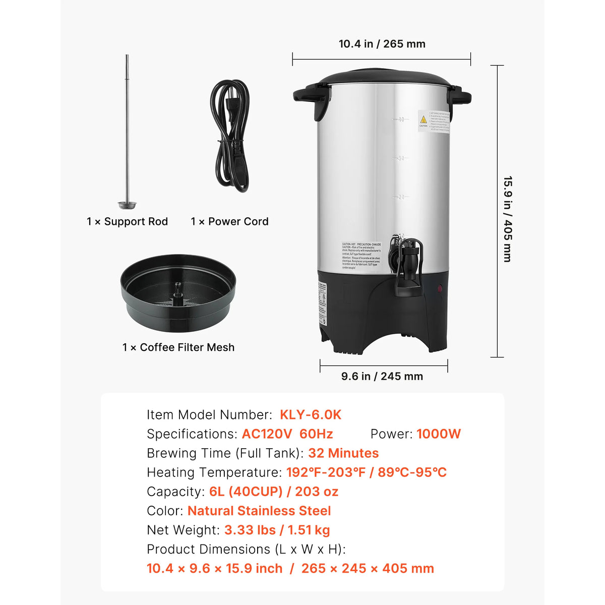 SucceBuy Commercial Coffee Urn 40 Cup 6 L Hot Beverage Dispenser with Dripless Faucet Quick-Brewing Coffee Maker for Catering