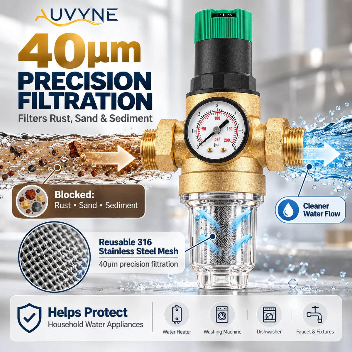 AUVYNE 2-in-1 Adjustable Brass Water Pressure Reducing Valve with Gauge and Sediment Filter for Home Plumbing