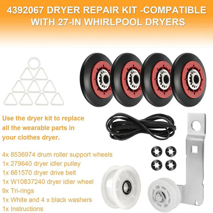 4392067 Dryer Repair Kit and W10837240 Dryer Idler Pulley for Maytag Bravos Compatible with Whirlpool Duet Kenmore Elite Dryers