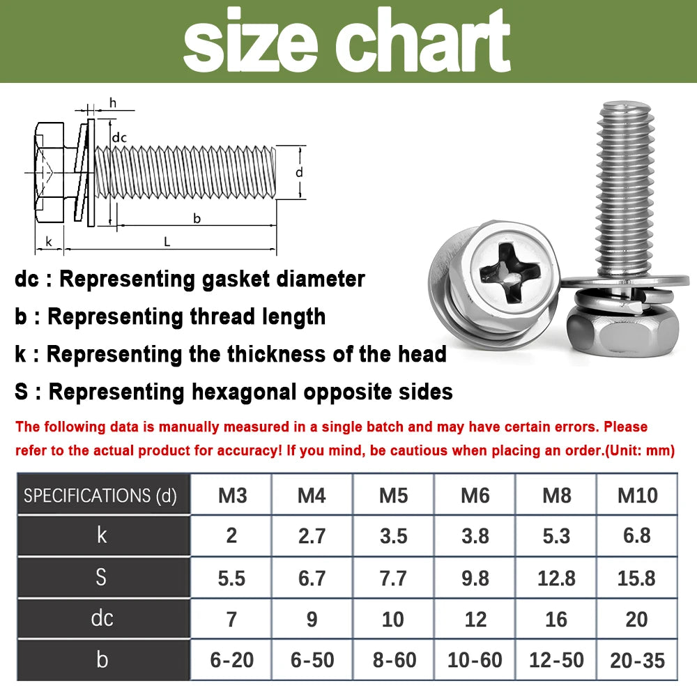 M3 M4 M5 M6 M8 M10 Cross Recessed Hex Head with Washer Sem Screw Stainless Steel Metric Three Combination Thread 3-20 Pcs