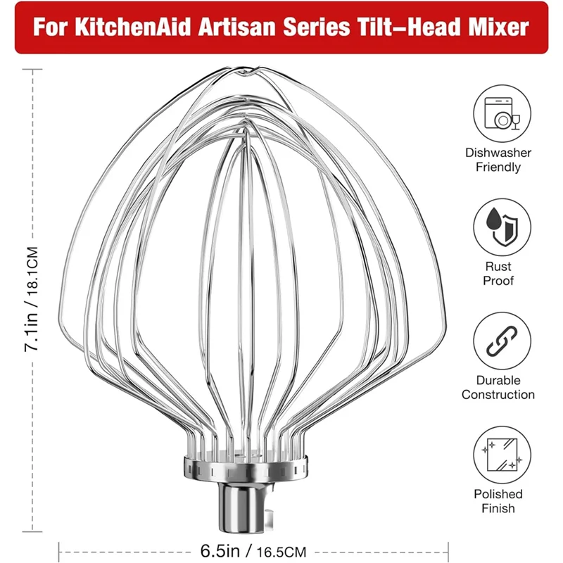 B89B-KN211WW Stainless Steel 11-Wire Whip Attachment For Kitchenaid Bowl Lift Mixer 7QT Bowl Replacement Egg Beater Whisk Durabl