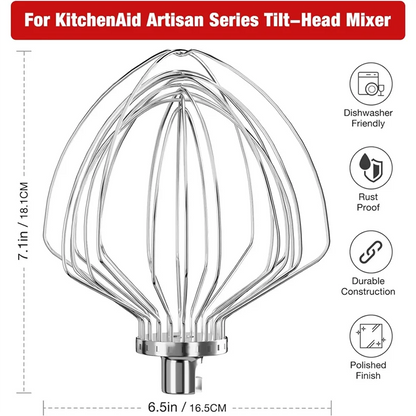 B89B-KN211WW Stainless Steel 11-Wire Whip Attachment For Kitchenaid Bowl Lift Mixer 7QT Bowl Replacement Egg Beater Whisk Durabl