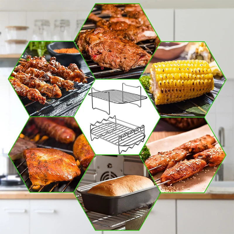 LMETJMA Air Fryer Rack for Double Basket Air Fryers Stainless Steel Multi-Layer Air Fryer Dehydrator Rack with Skewer JT187