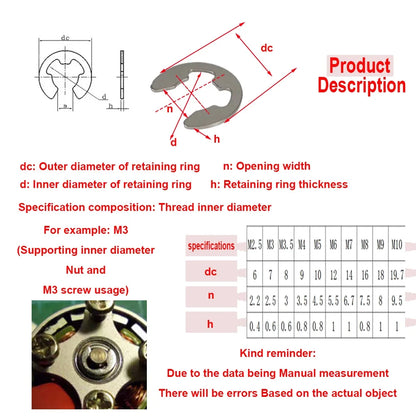 M2.5 M3 M3.5 M4 M5 M6 M7 M8 M9 M10 304 Stainless Steel E Clip Washer Spacer Gasket Circlip External Retaining Clip For Shaft