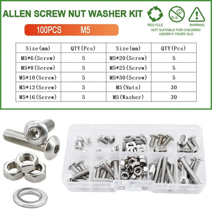 M2 M3 M4 M5 M6 304 Stainless Steel Allen Screw Nut Washer Kit Hex Socket Bolts Gaskets Set Hexagonal Machine Screws Assortment