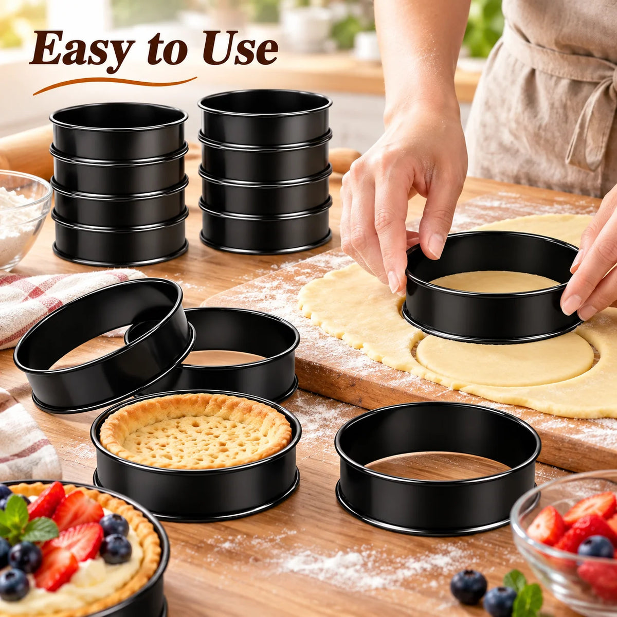 6PCS Tart Crumpet Muffin Ring Set Stainless Steel Nonstick Black Double-Rolled for Pancake Pastry Omelet Home Baking