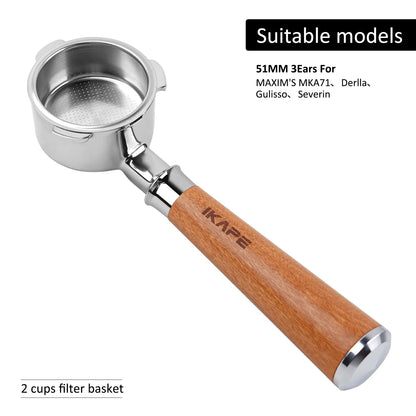 IKAPE Bottomless Portafilter for Delonghi/Barsetto/Berivlle/Lamarzocco/Welhome/Flair58/ECM/Lelit/wega Wooden Handle 51/54/58mm