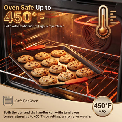 3pcs Carbon Steel NonStick Baking Pan Set. Luxury Stylish Design with Red Silicone Handles. Nonstick Steel Bakeware, Restaurantgrade Rimmed Baking Sheets. Easytoclean Trays, Ideal for Cookies, Pizza, Cakes & Home Kitchen Baking.