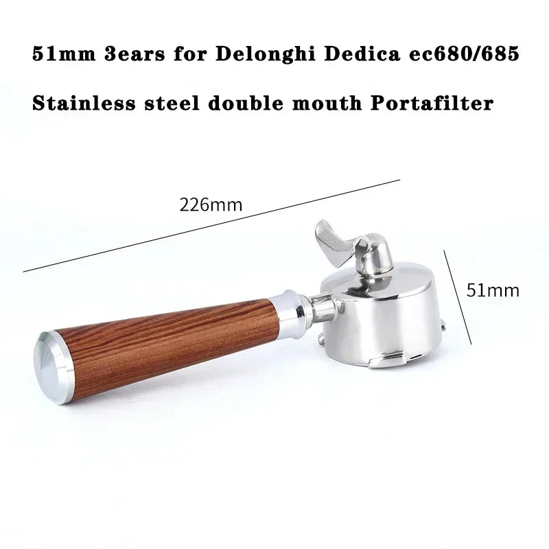 51mm 3 Ears Coffee Portafilter for Delonghi Dedica Ec680/685 Coffee Machine Stainless Steel Double Spout Coffee Handle Utensil