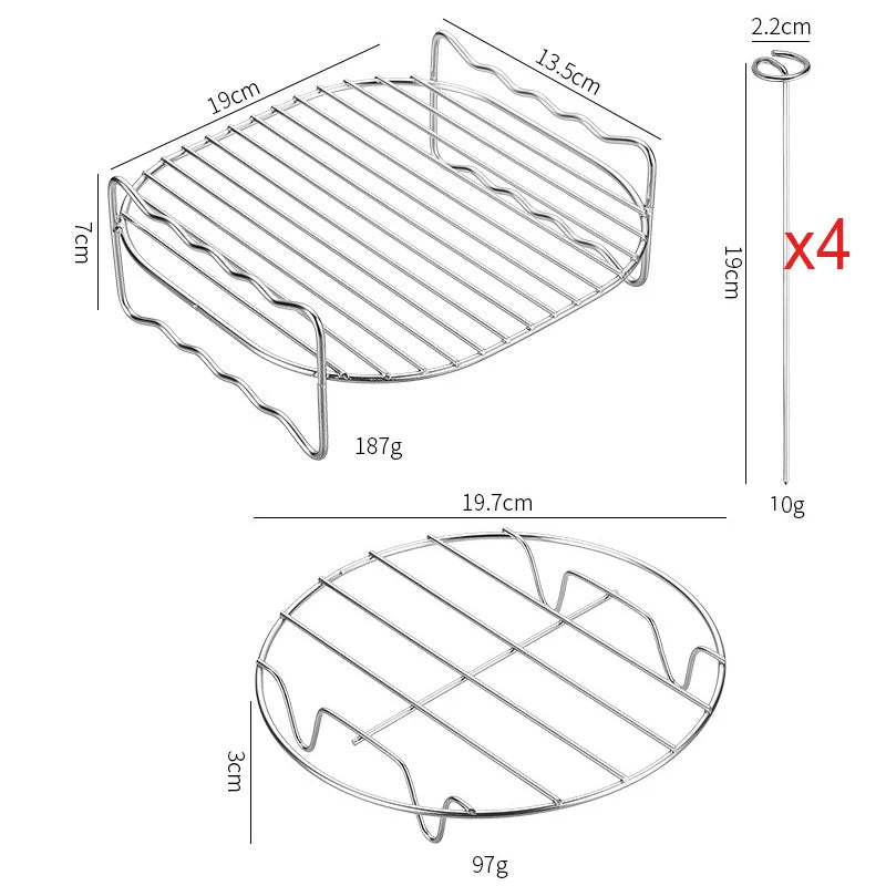 Square Air Fryer Rack 6/7/8inch Airfryer Accessories Grill Holder With Skewers Metal Oven Baking Holder Pot Steaming Wire Racks