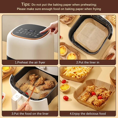 Baking Paper 20 x 20 cm, Air Fryer Paper Liner Unbleached, Non-stick Square Paper Liners, Air Fryer Baking Paper for 4.5-8 L