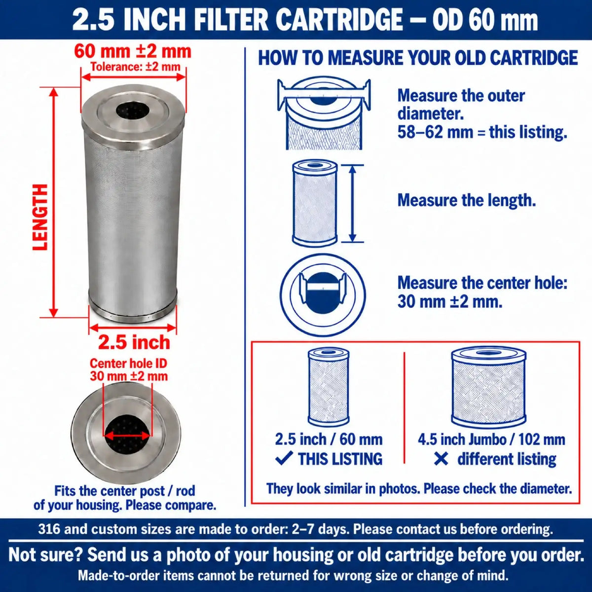 5/10/20 x 2.5 Inch 304 Stainless Steel Mesh Filter Cartridge Reusable Washable Whole House Sediment Prefilter 1