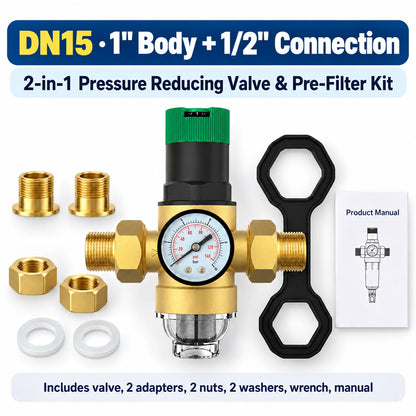 AUVYNE 2-in-1 Adjustable Brass Water Pressure Reducing Valve with Gauge and Sediment Filter for Home Plumbing