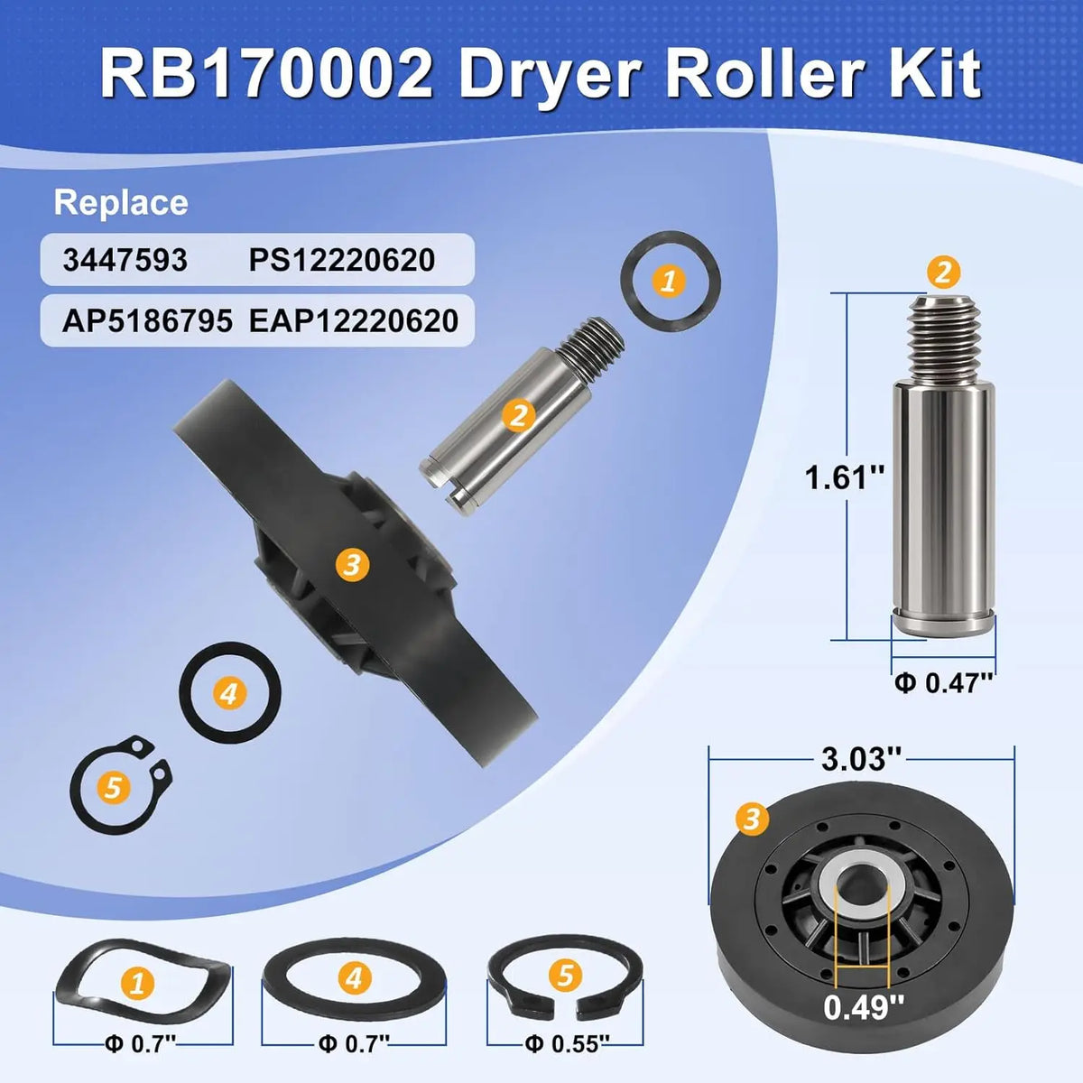 RB170002 Drum Support Roller Kit Compatible Speed Queen Alliance AP5186795, 3447593, PS12220620, EAP12220620