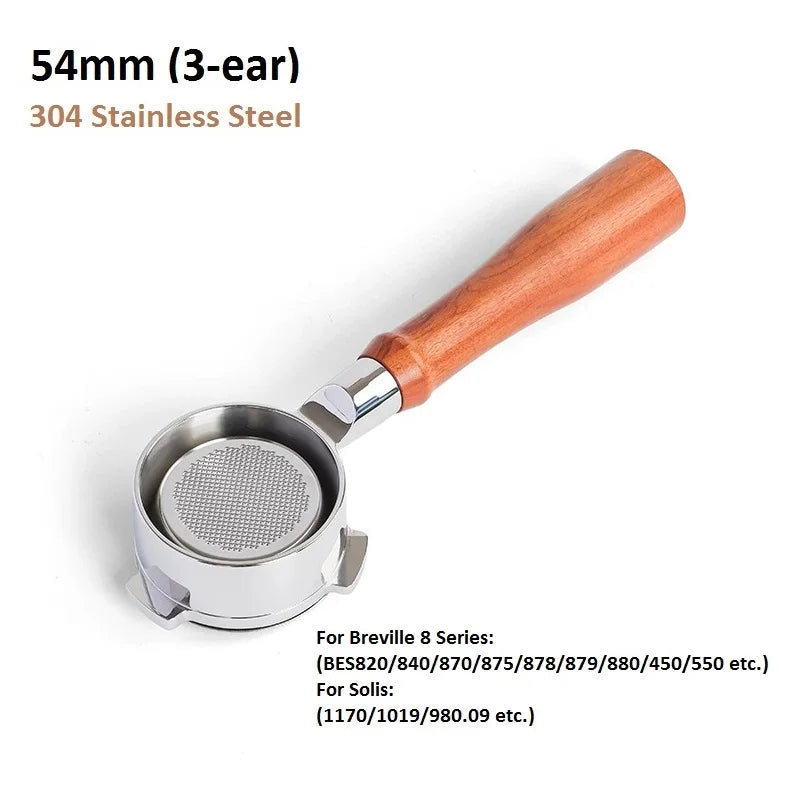 54mm 3-Ear Coffee Portafilter, 304 Stainless Steel Luxury Wooden Handle Espresso Holder Compatible with Breville 820 880 Series & Solis