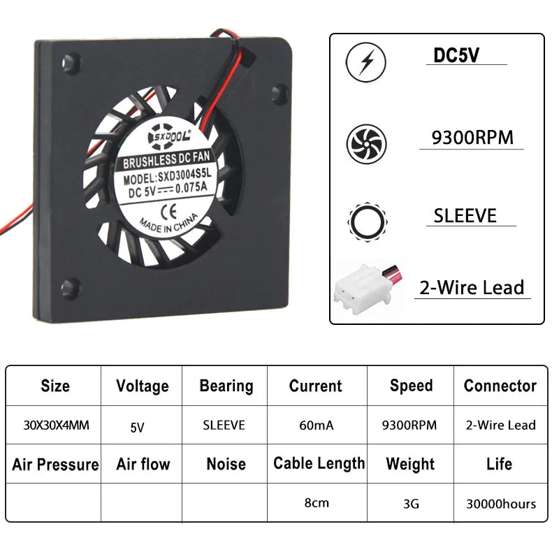 2pcs 30mm 3004 5V 60mA 9300RPM micro cooling fan 30X30X4mm small thin micro projector DC cooling fan replace RFB3004