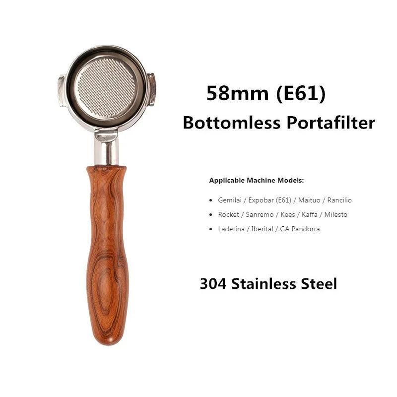 58mm Bottomless Coffee Portafilter for Expobar E61 Rocket Coffee Machine with Double Spout 304 Stainless Steel Filter Basket