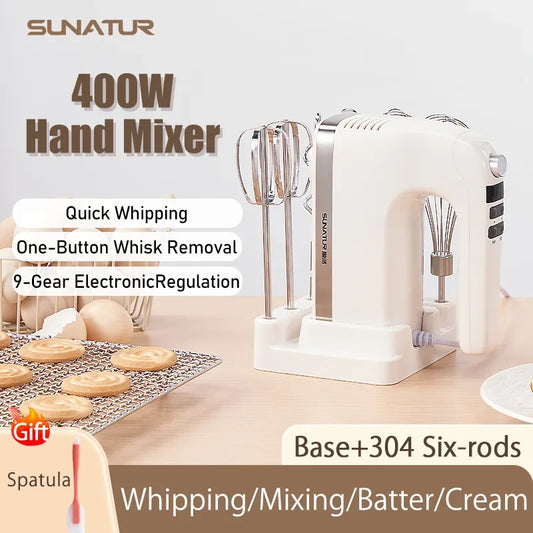 SUNATUR 400W DC Hand Mixer Electric Speed Control 304 Stainless Steel 6 Rods Set with Storage Base