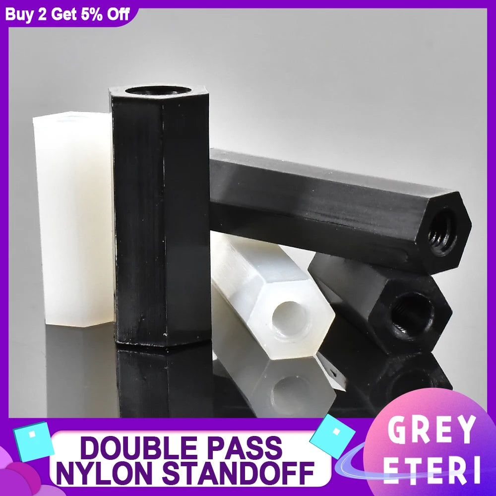 White and Black Double Pass Nylon Hex-agon Spacer Standoff Female Column Double Pass Plastic Hex Long Spacing Screws M2 M2.5 M3